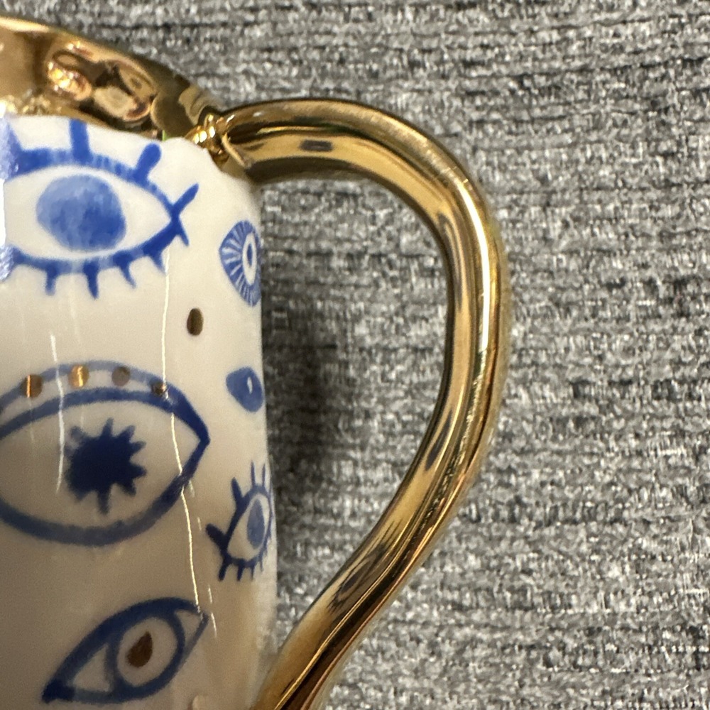 Anthropologie Evil Eye Blue Gold Coffee Mug Hand Painted Stoneware - Picture 4 of 6